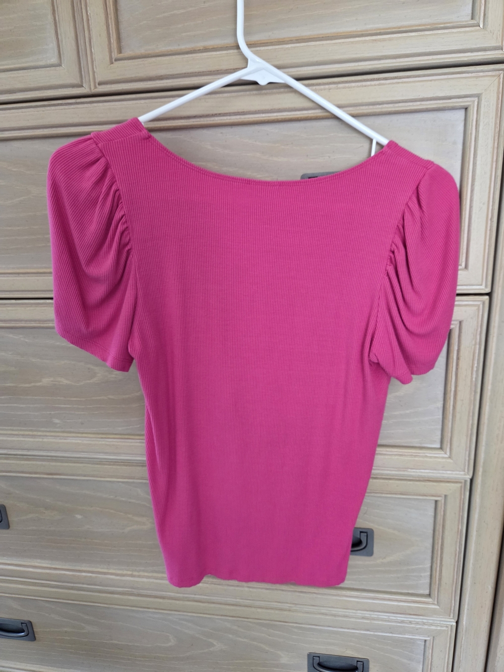 Lascana Women's Ribbed Square Neck Puff Sleeve Top - Fuchsia Pink - Picture 2 of 7